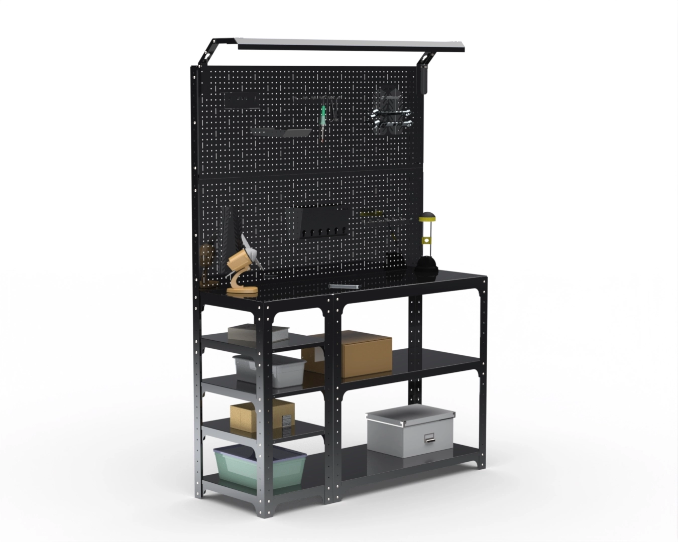 Стол-верстак Metalex серия KIT 950х1800х600 (с бок. полками, 2-мя панелями и комп. освещения) (чёрный)