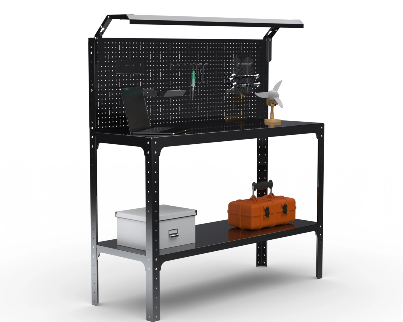 Стол-верстак Metalex серия KIT 950х1800х600 (одна полка + перфопанель с комплектом освещения) (чёрный)
