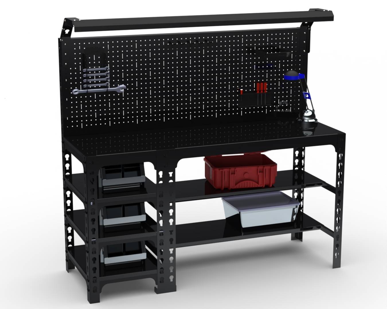 Стол металлический Metalex серия SUN 750х1600х600 (с бок. полками, перфопанелью и комплектом освещения) чёрный