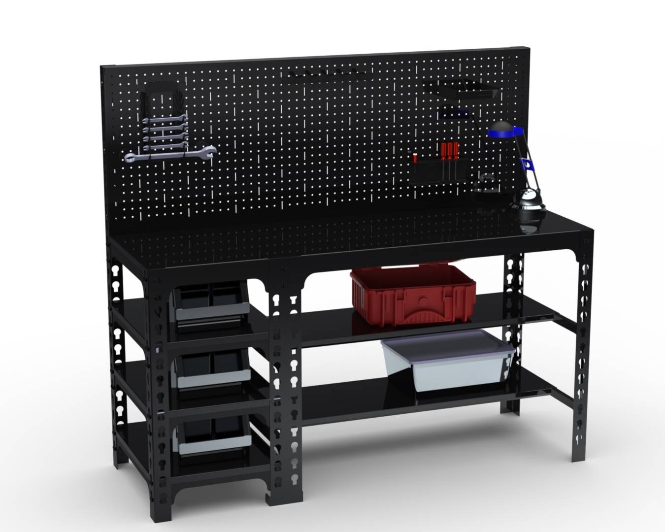 Стол металлический Metalex 750х1600х600 с боковыми полками и перфопанелью (чёрный)