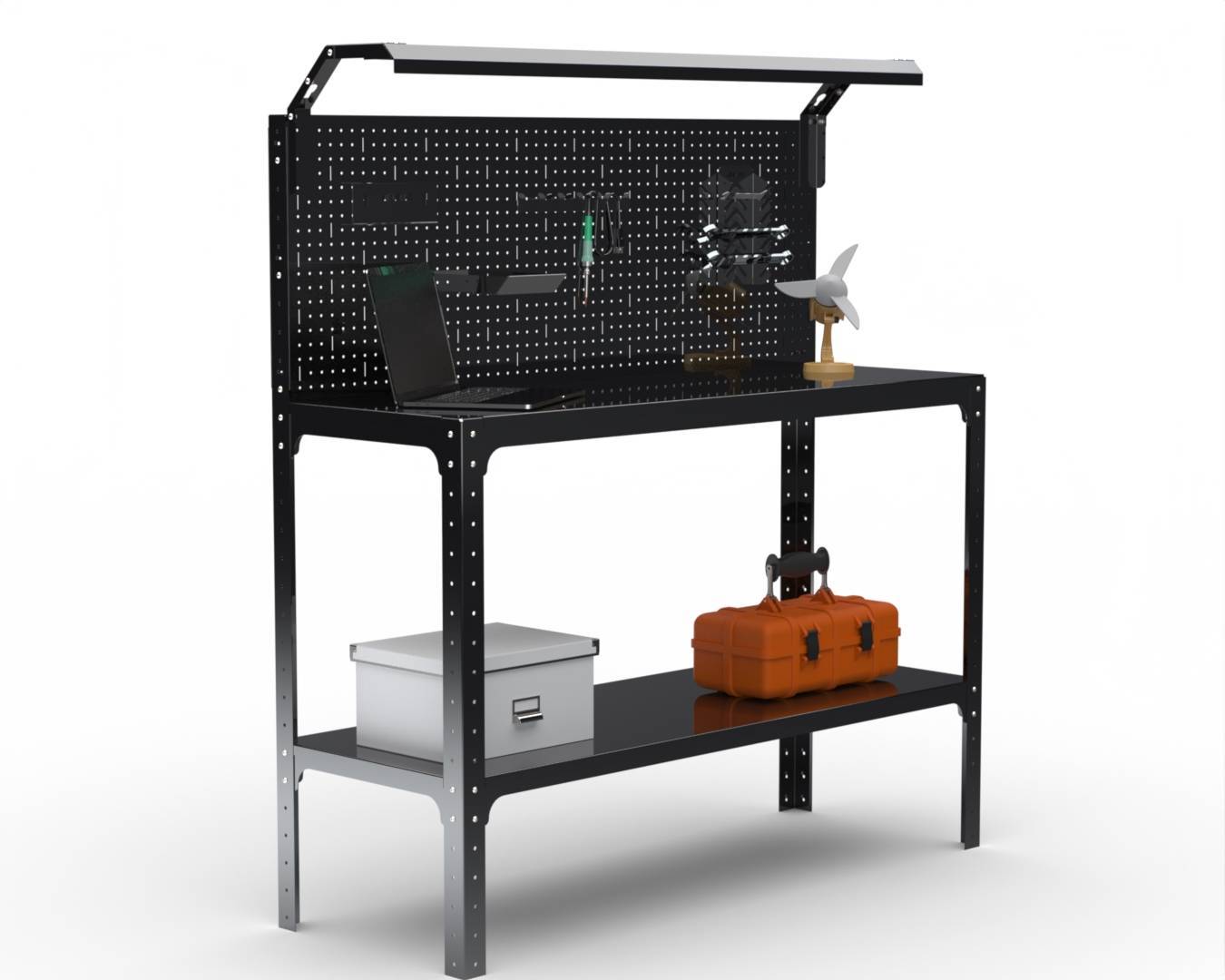 Стол-верстак Metalex серия KIT 950х1800х600 (одна полка + перфопанель с комплектом освещения) (чёрный)