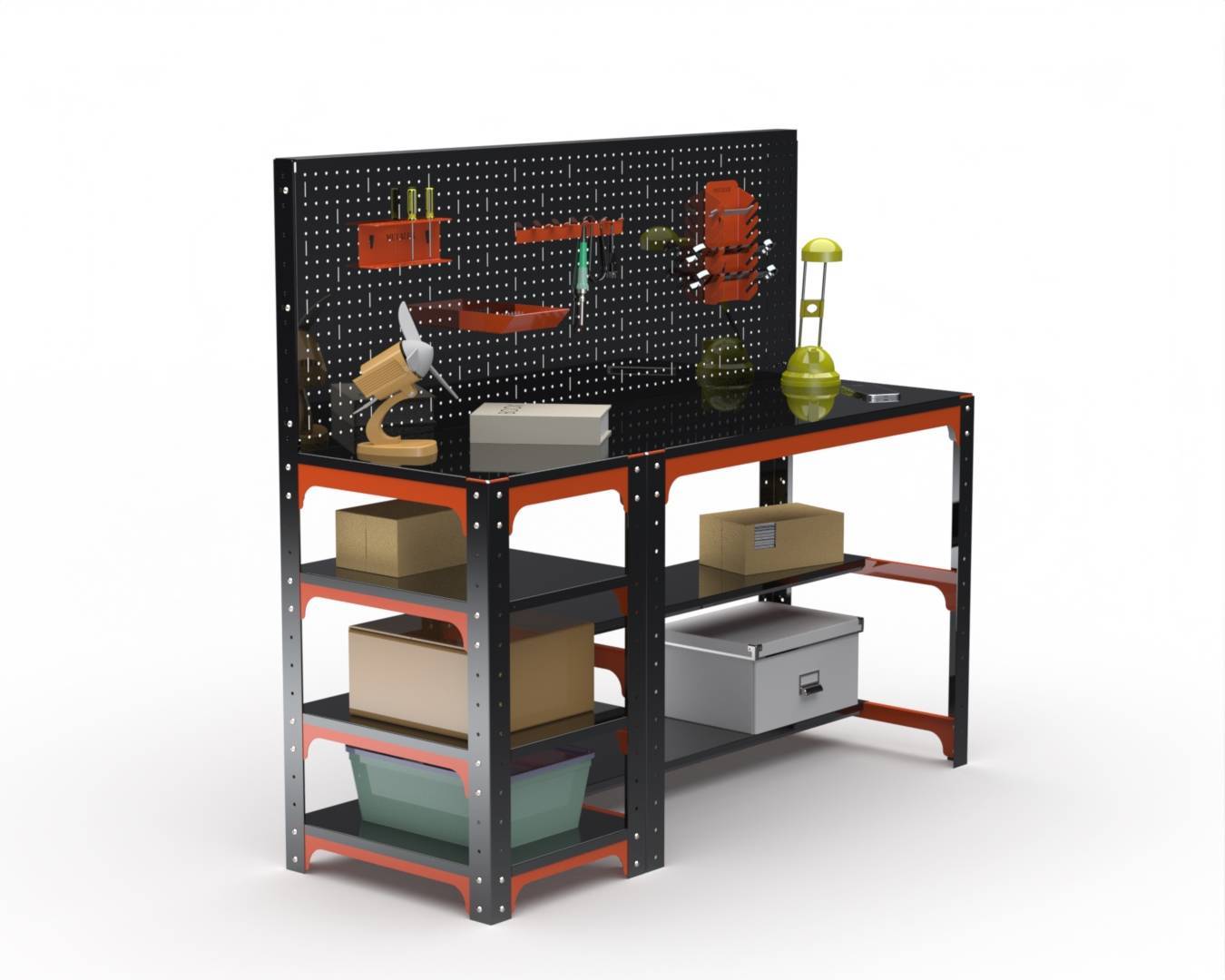 Стол металлический Metalex серия KIT 750х1600х600 с боковыми полками и перфопанелью (оранжево-черный)